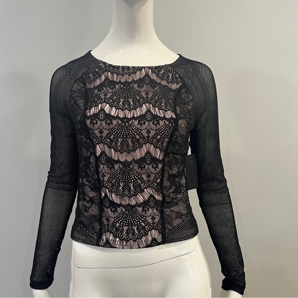 Guess Tops - GUESS Long Sleeve Patterned Mesh Lace Crop Top Sheer Black
